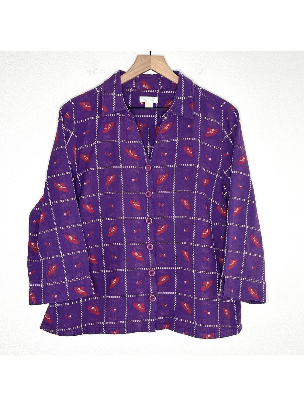 Vintage 100% Cotton Christopher & Banks Sz XL Top Purple Red embroidered Grandma